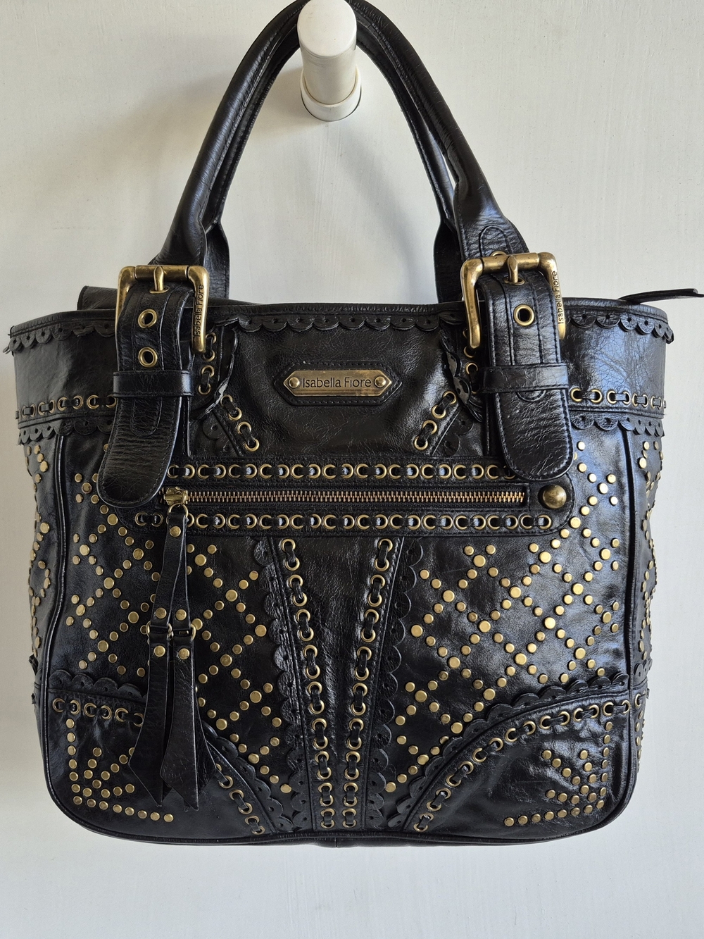 Isabella Fiore "Stud Muffin" Black Large Leather Studded Tote with Brass Accents